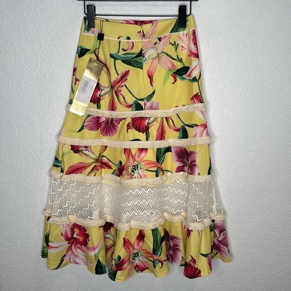 NWT PatBo LAELIA FRINGE TRIM MIDI SKIRT - CANARY Size 0 - Picture 7 of 13